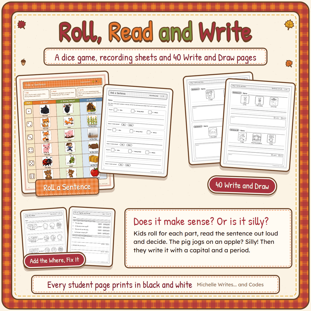 Roll, read, and write: the Roll a Sentence dice game, recording sheets, and Write and Draw pages.