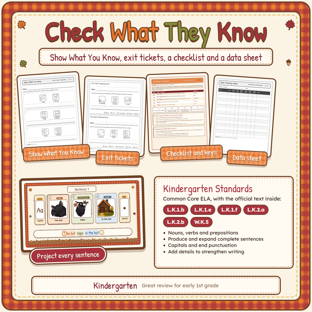 Check what they know: Show What You Know, exit tickets, a checklist rubric, and a data sheet.