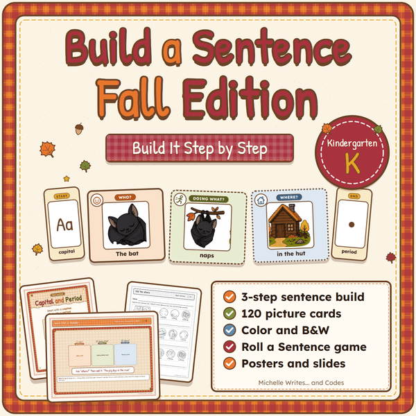 Build a Sentence Fall Edition cover with picture cards for capital, the bat, naps, in the hut, and period.