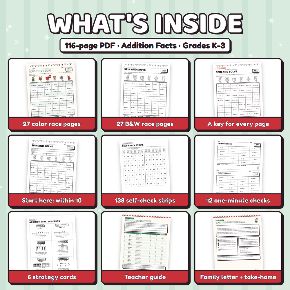 What is inside the 116-page PDF: color and black and white race pages, an answer key for every page, start here pages, self-check strips, 12 one-minute checks, strategy cards, a teacher guide, and a family letter.