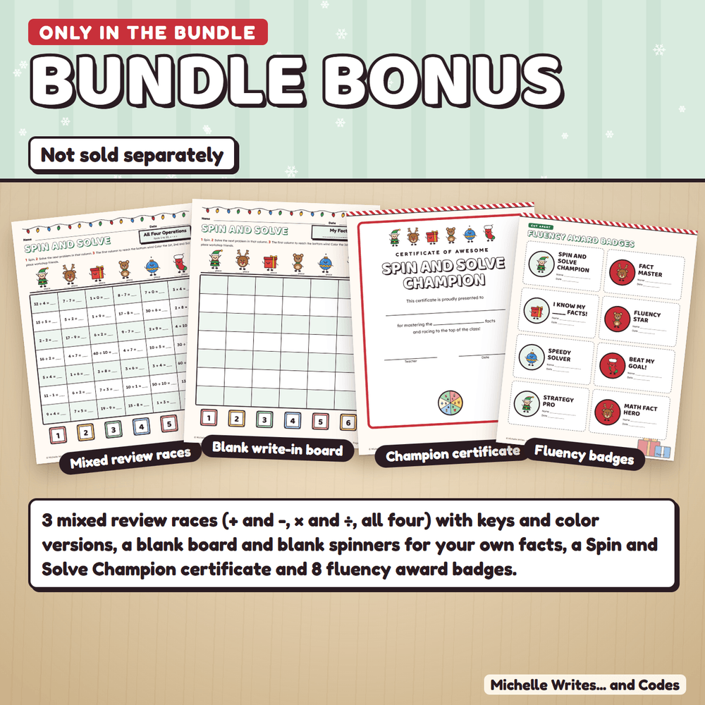 The bundle-only bonus: mixed review races, a blank write-in game board, a Spin and Solve Champion certificate, and fluency award badges.
