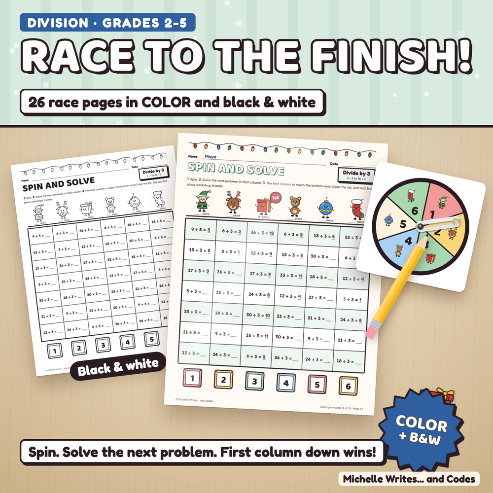 Race to the finish: a color division game page with answers filled in and the 1st place workshop friend crowned, beside the black and white version and a spinner. 26 race pages in color and black and white.