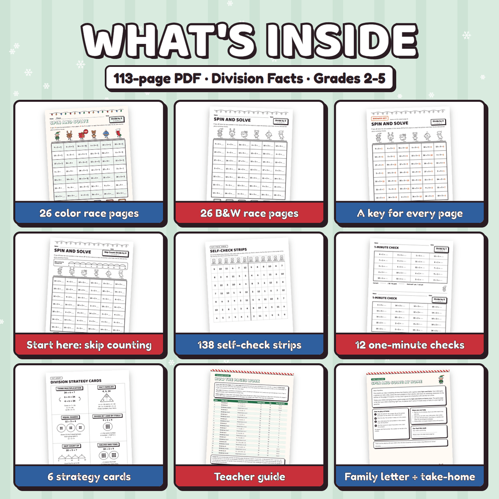 What is inside the 113-page PDF: color and black and white race pages, an answer key for every page, start here pages, self-check strips, 12 one-minute checks, strategy cards, a teacher guide, and a family letter.