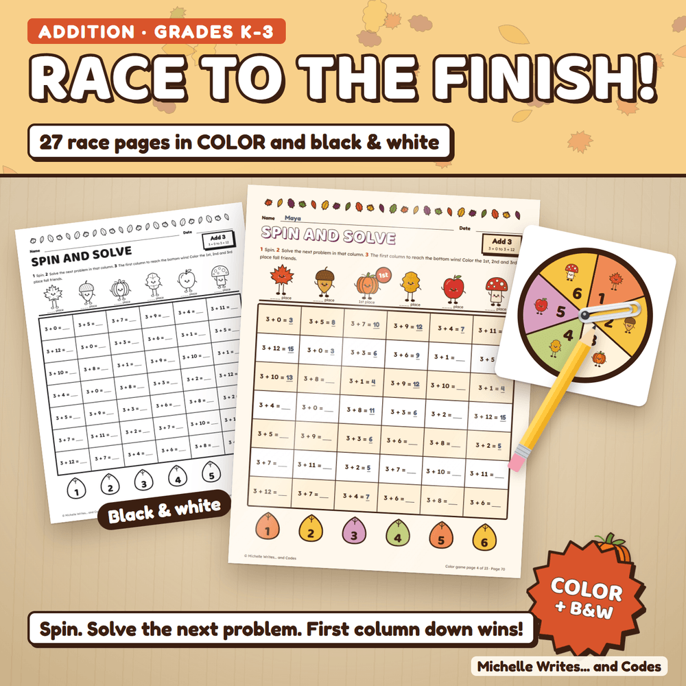 Race to the finish: a color addition game page with answers filled in and the 1st place fall friend crowned, beside the black and white version and a spinner. 27 race pages in color and black and white.