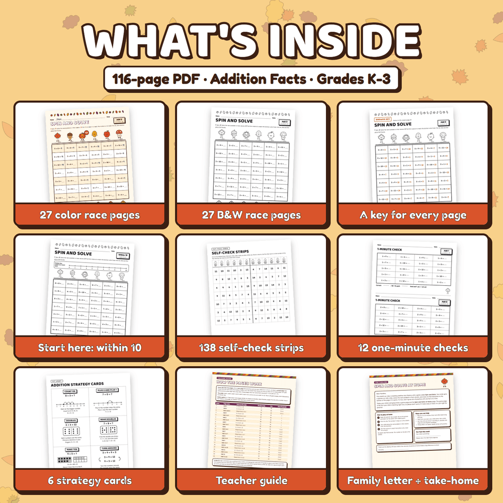 What is inside the 116-page PDF: color and black and white race pages, an answer key for every page, start here pages, self-check strips, 12 one-minute checks, strategy cards, a teacher guide, and a family letter.