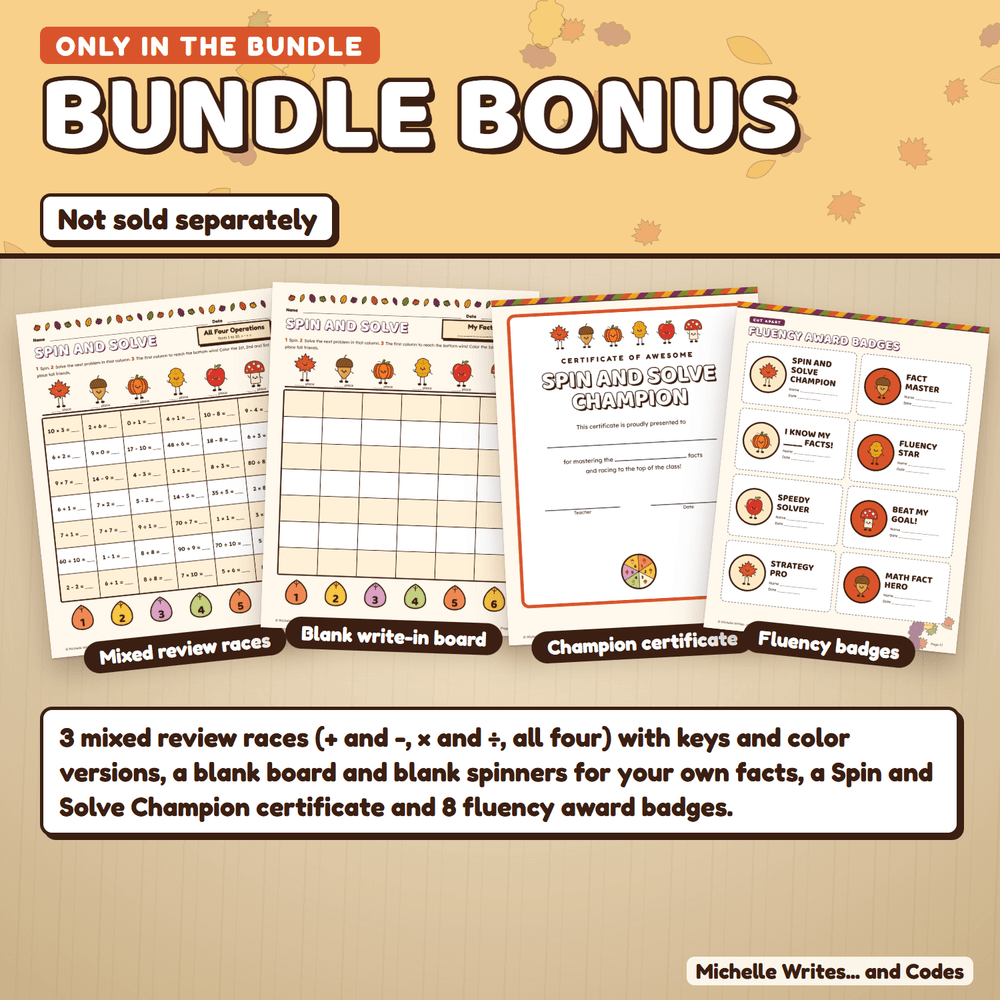 The bundle-only bonus: mixed review races, a blank write-in game board, a Spin and Solve Champion certificate, and fluency award badges.