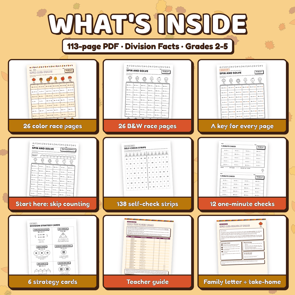 What is inside the 113-page PDF: color and black and white race pages, an answer key for every page, start here pages, self-check strips, 12 one-minute checks, strategy cards, a teacher guide, and a family letter.