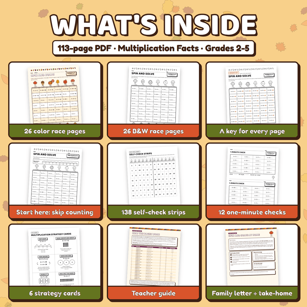 What is inside the 113-page PDF: color and black and white race pages, an answer key for every page, start here pages, self-check strips, 12 one-minute checks, strategy cards, a teacher guide, and a family letter.