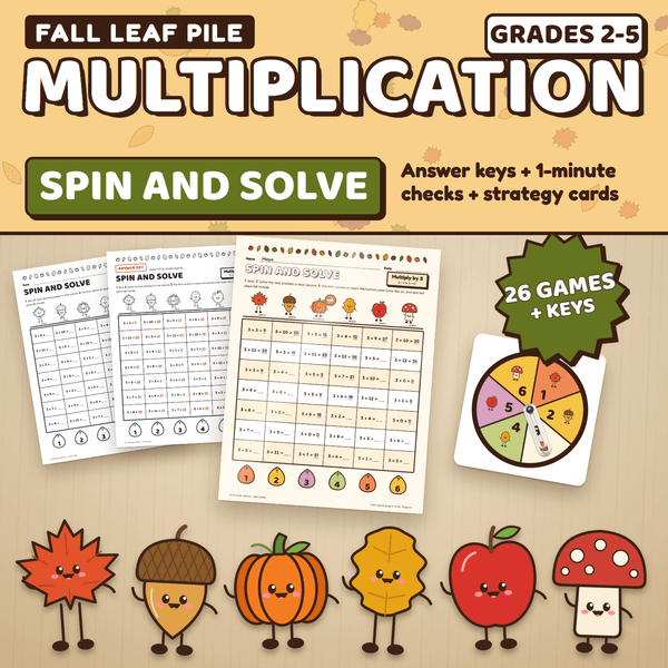 Fall Leaf Pile Multiplication Spin and Solve, Grades 2 to 5: a color game page being played on a desk next to a black and white page, its answer key, and a paper clip spinner, with the fall characters lined up in front. 26 games plus keys.