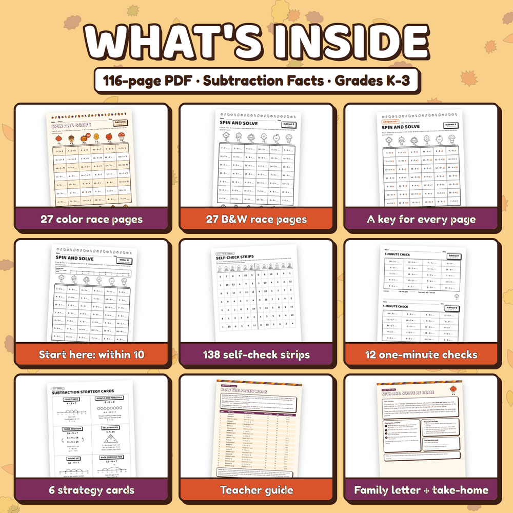 What is inside the 116-page PDF: color and black and white race pages, an answer key for every page, start here pages, self-check strips, 12 one-minute checks, strategy cards, a teacher guide, and a family letter.