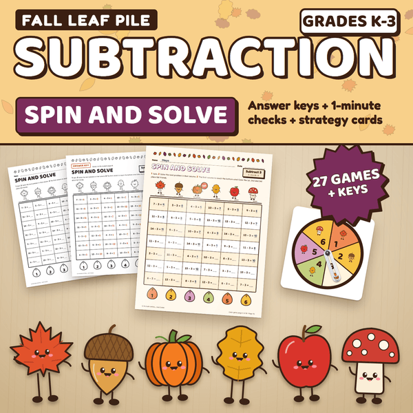 Fall Leaf Pile Subtraction Spin and Solve, Grades K to 3: a color game page being played on a desk next to a black and white page, its answer key, and a paper clip spinner, with the fall characters lined up in front. 27 games plus keys.