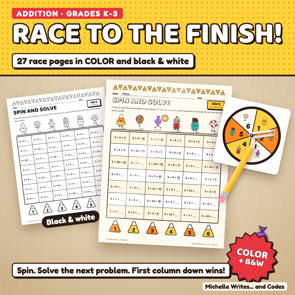 Race to the finish: a color addition game page with answers filled in and the 1st place candy crowned, beside the black and white version and a spinner. 27 race pages in color and black and white.