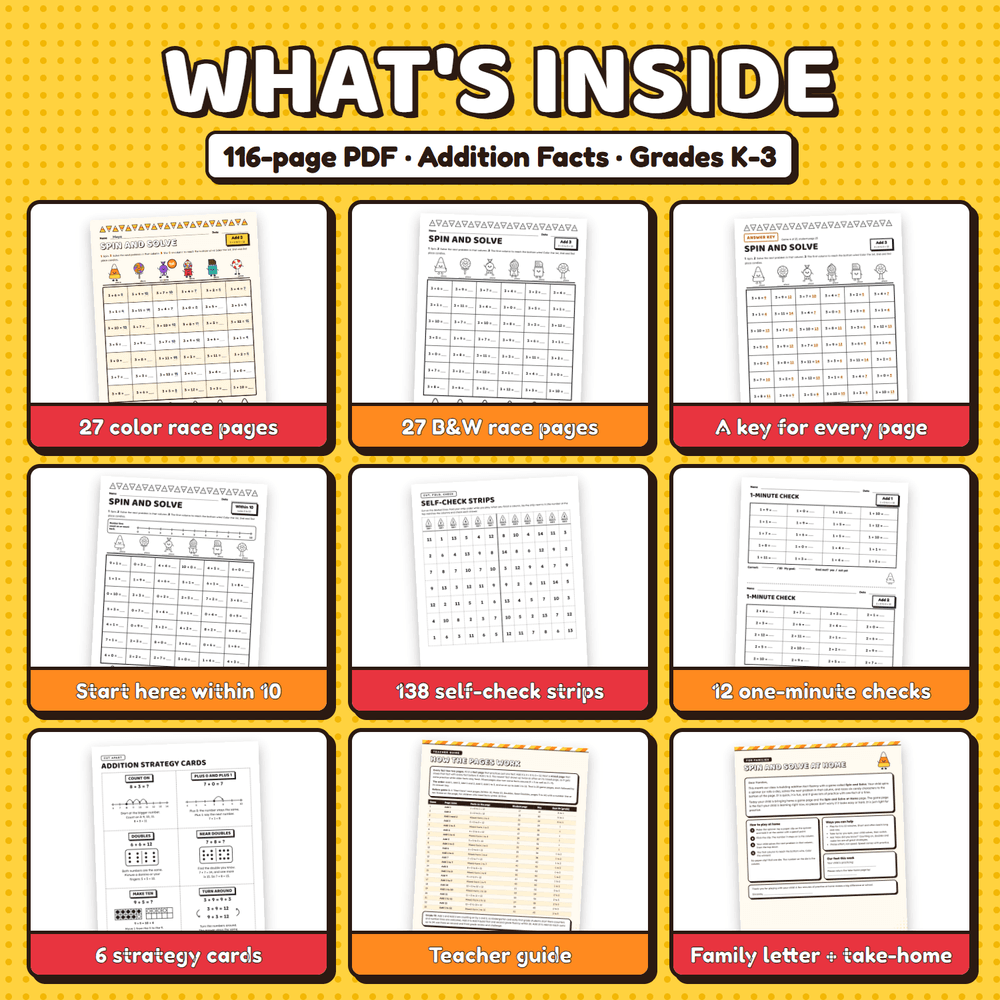 What is inside the 116-page PDF: color and black and white race pages, an answer key for every page, start here pages, self-check strips, 12 one-minute checks, strategy cards, a teacher guide, and a family letter.