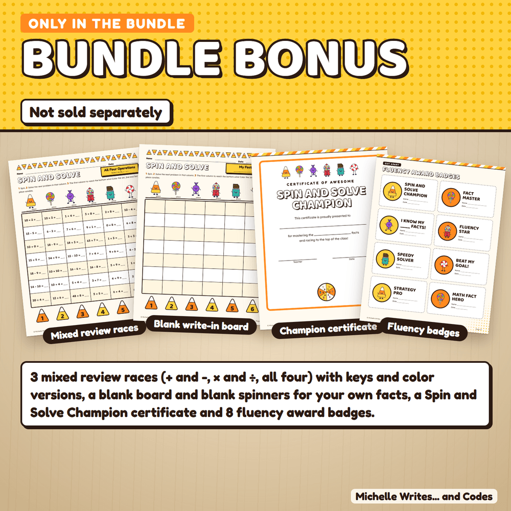 The bundle-only bonus: mixed review races, a blank write-in game board, a Spin and Solve Champion certificate, and fluency award badges.
