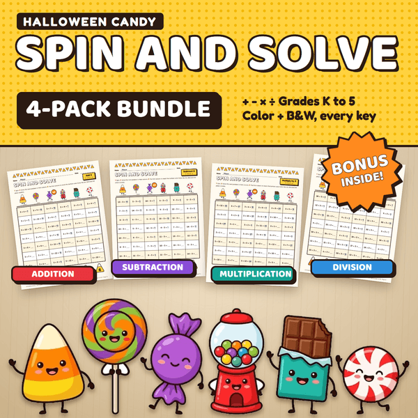 Halloween Candy Spin and Solve 4-Pack Bundle, Grades K to 5: four color game pages being played on a desk, labeled Addition, Subtraction, Multiplication and Division, with a Bonus inside badge.