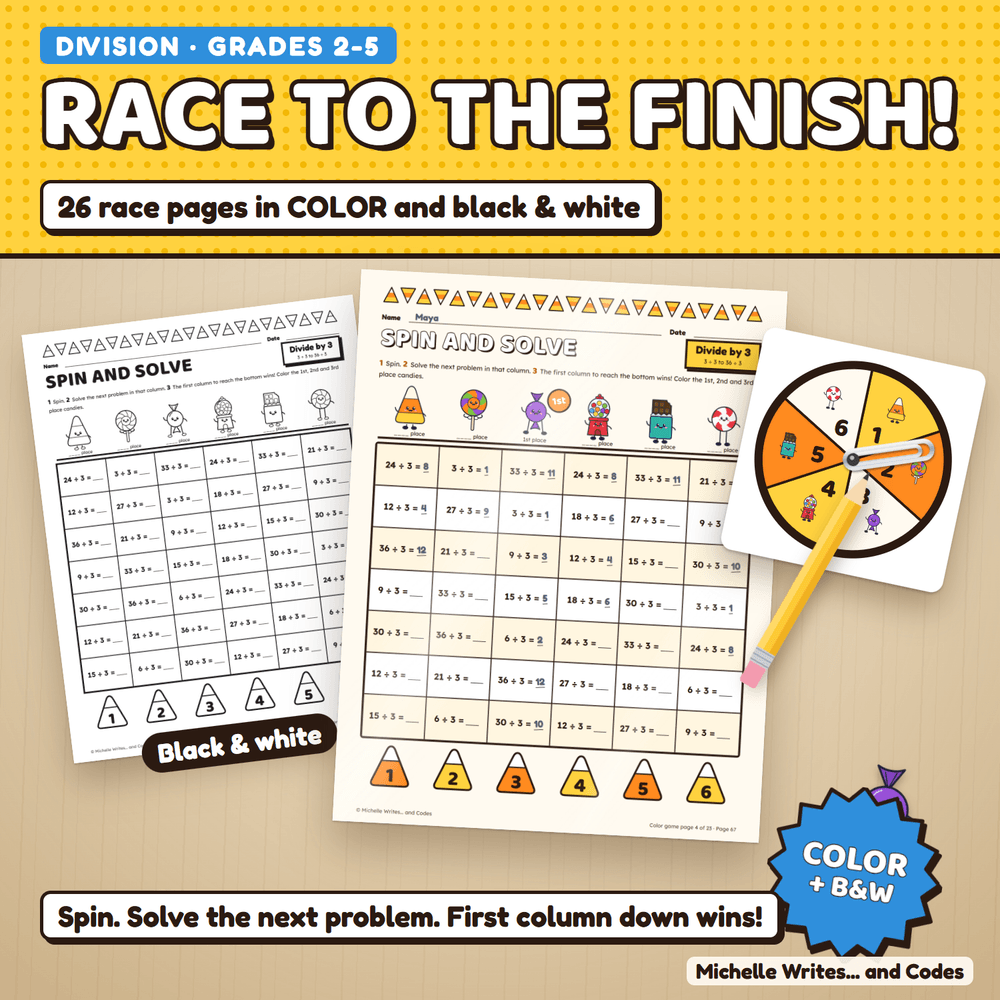 Race to the finish: a color division game page with answers filled in and the 1st place candy crowned, beside the black and white version and a spinner. 26 race pages in color and black and white.