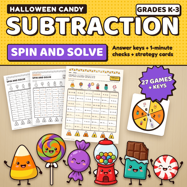 Halloween Candy Subtraction Spin and Solve, Grades K to 3: a color game page being played on a desk next to a black and white page, its answer key, and a paper clip spinner. 27 games plus keys.
