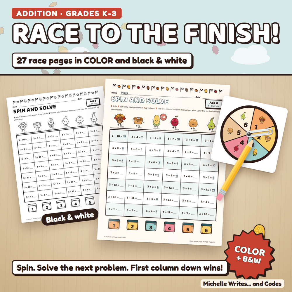 Race to the finish: a color addition game page with answers filled in and the 1st place racer crowned, beside the black and white version and a spinner. 27 race pages in color and black and white.