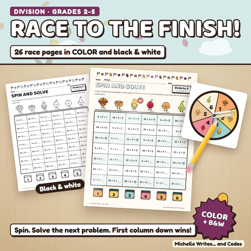 Race to the finish: a color division game page with answers filled in and the 1st place racer crowned, beside the black and white version and a spinner. 26 race pages in color and black and white.