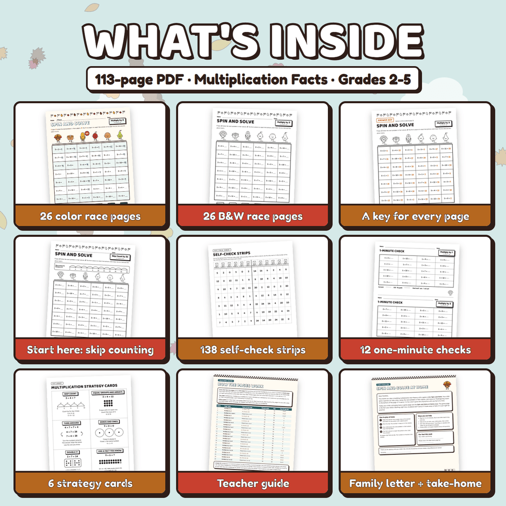 What is inside the 113-page PDF: color and black and white race pages, an answer key for every page, start here pages, self-check strips, 12 one-minute checks, strategy cards, a teacher guide, and a family letter.