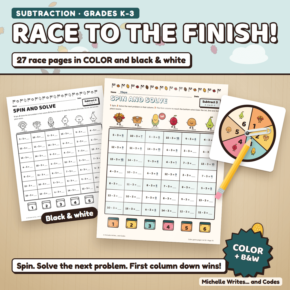 Race to the finish: a color subtraction game page with answers filled in and the 1st place racer crowned, beside the black and white version and a spinner. 27 race pages in color and black and white.